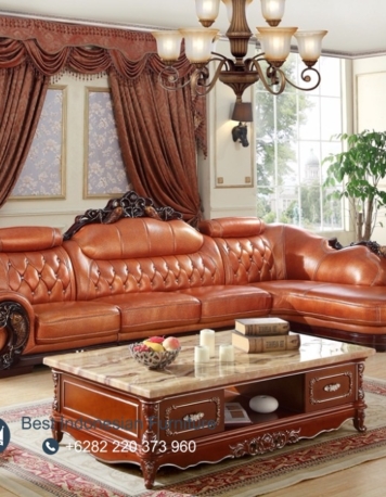 Sofa Tamu Mewah Leter L Sudut Leather Wooden Frame Ukiran Jepara Terbaru