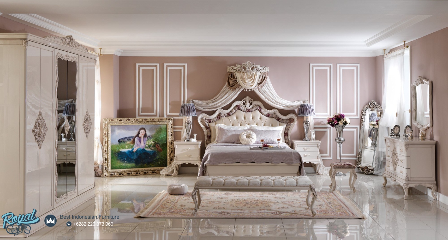 Set Kamar Tidur Mewah Modern Turkish Putih Duco Ukiran Jepara Royal Furniture