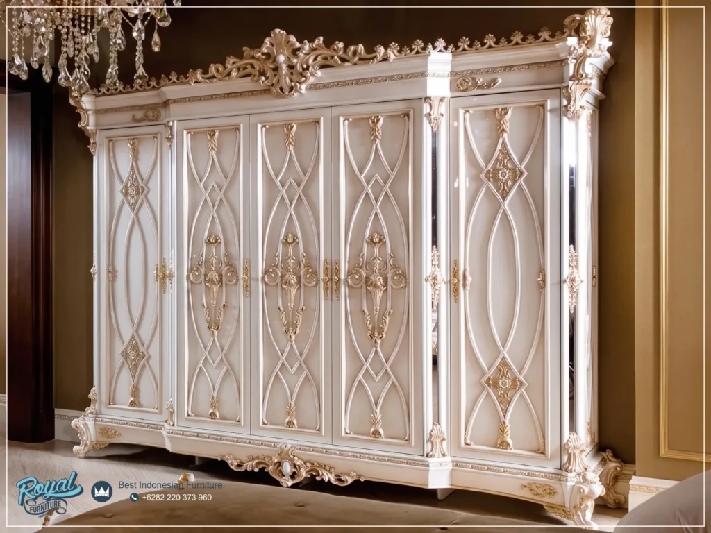 Wardrobe Almari Pakaian Putih Duco Gold Mewah Ukir Kayu Jepara Terbaru