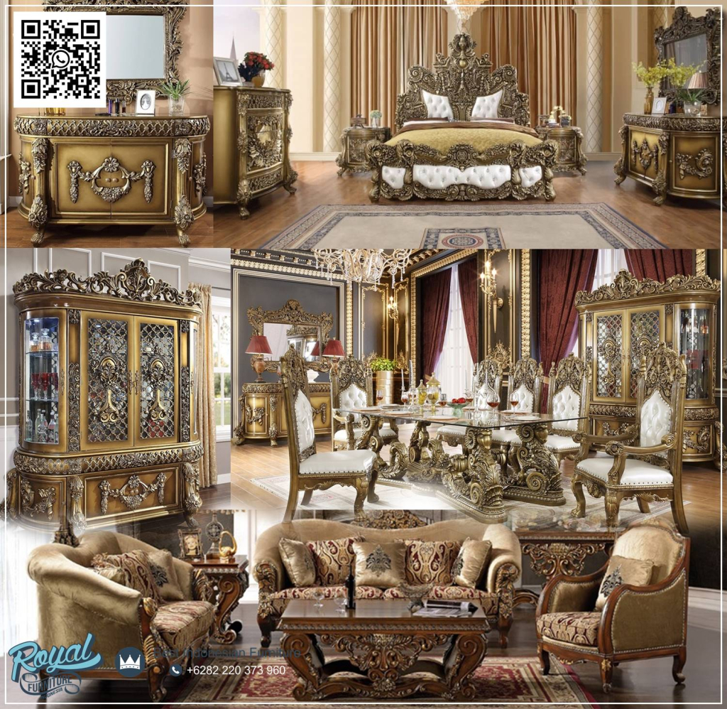 Koleksi eksklusif Royal Furniture Jepara menampilkan satu set lengkap furniture klasik untuk rumah mewah. Terbuat dari kayu jati solid, dilengkapi dengan ukiran tangan khas Jepara dan finishing warna emas bergaya kerajaan Eropa. Terdiri dari kamar tidur mewah, sofa ruang tamu klasik, set meja makan elegan, dan lemari hias kaca. Cocok untuk interior rumah klasik maupun apartemen bergaya royal.Full Set Furniture Klasik Rumah Mewah Kayu Jati Premium