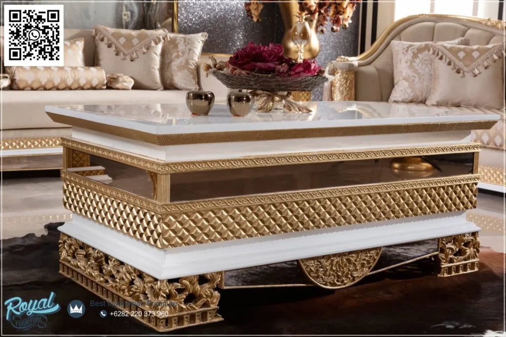 Custom Desain Meja Tamu Mewah Gold Klasik Defnecream