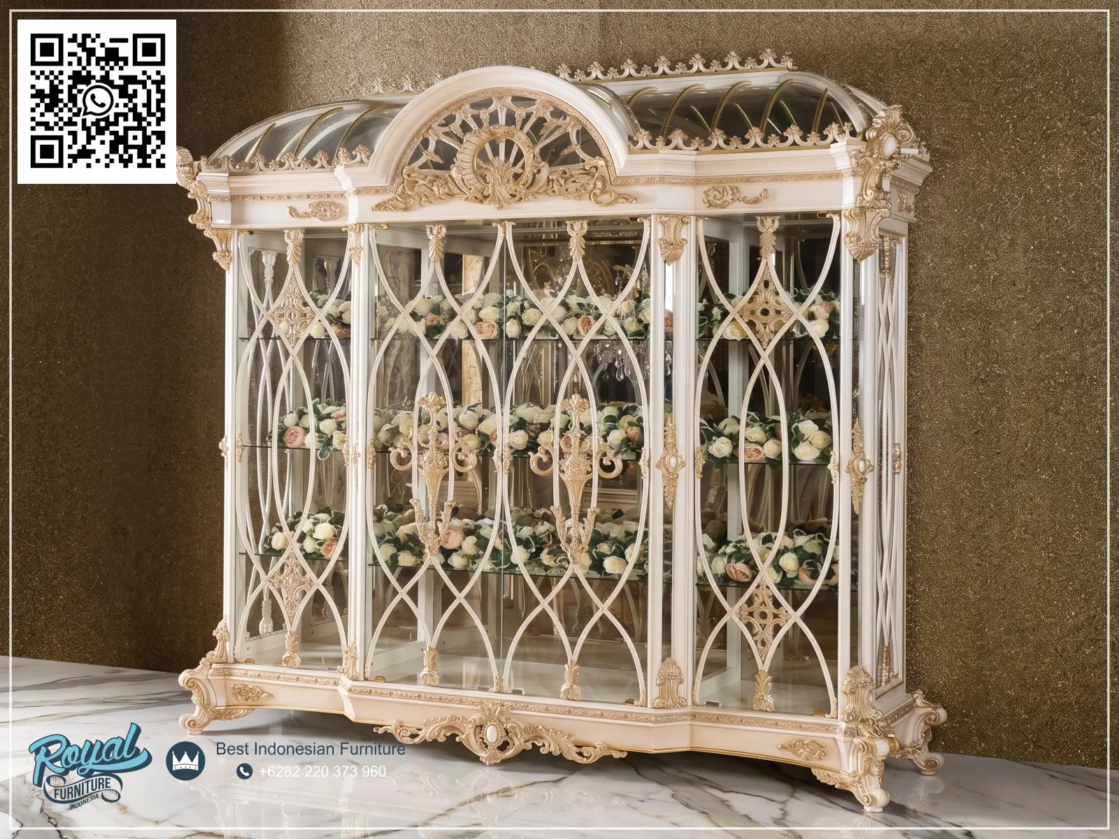 Almari Hias Kaca Mewah Jepara Terbaru Jessica Classic Royal