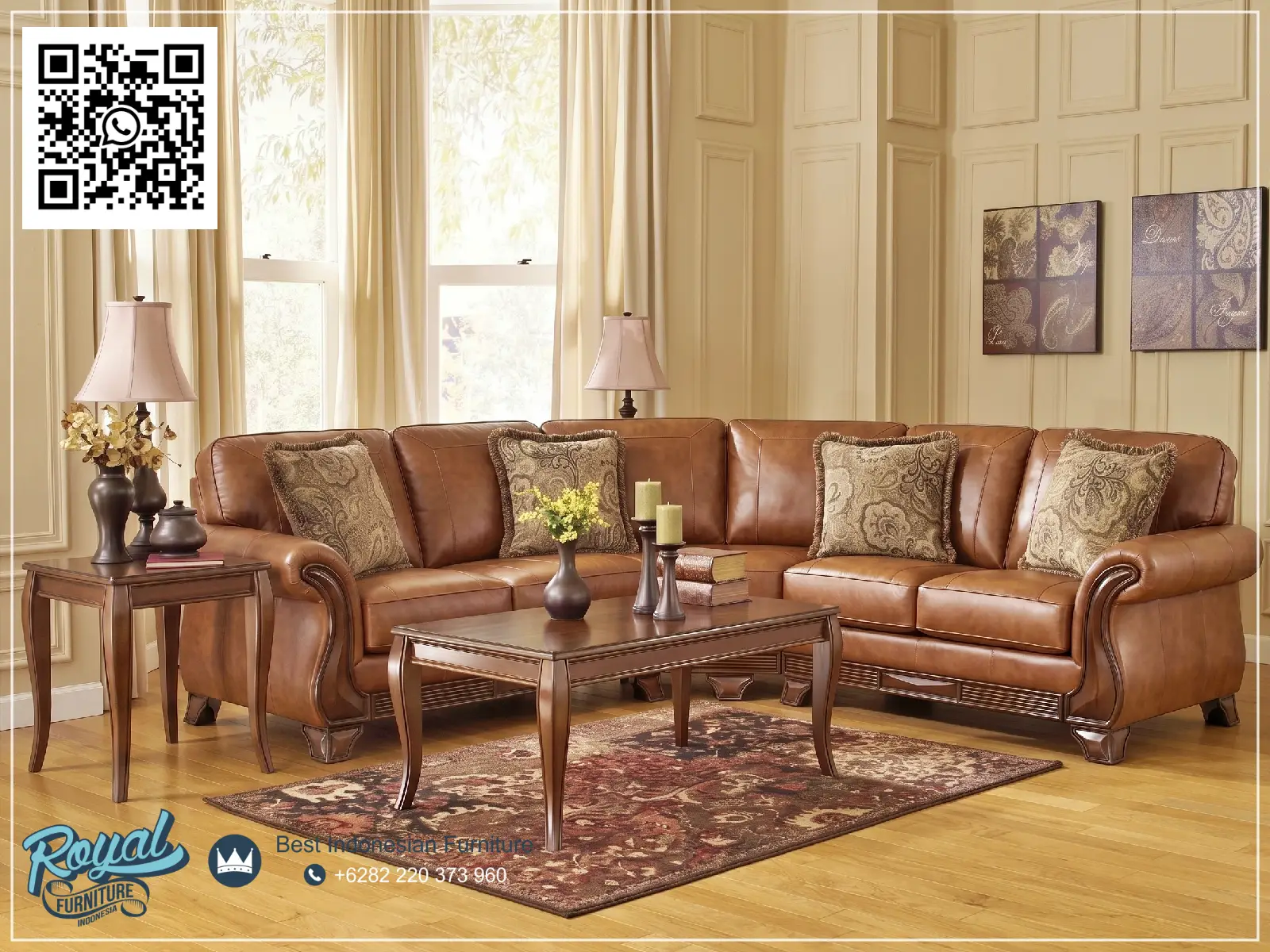 Luxury Sofa Jati Jok Kulit Leter L Ruang Keluarga