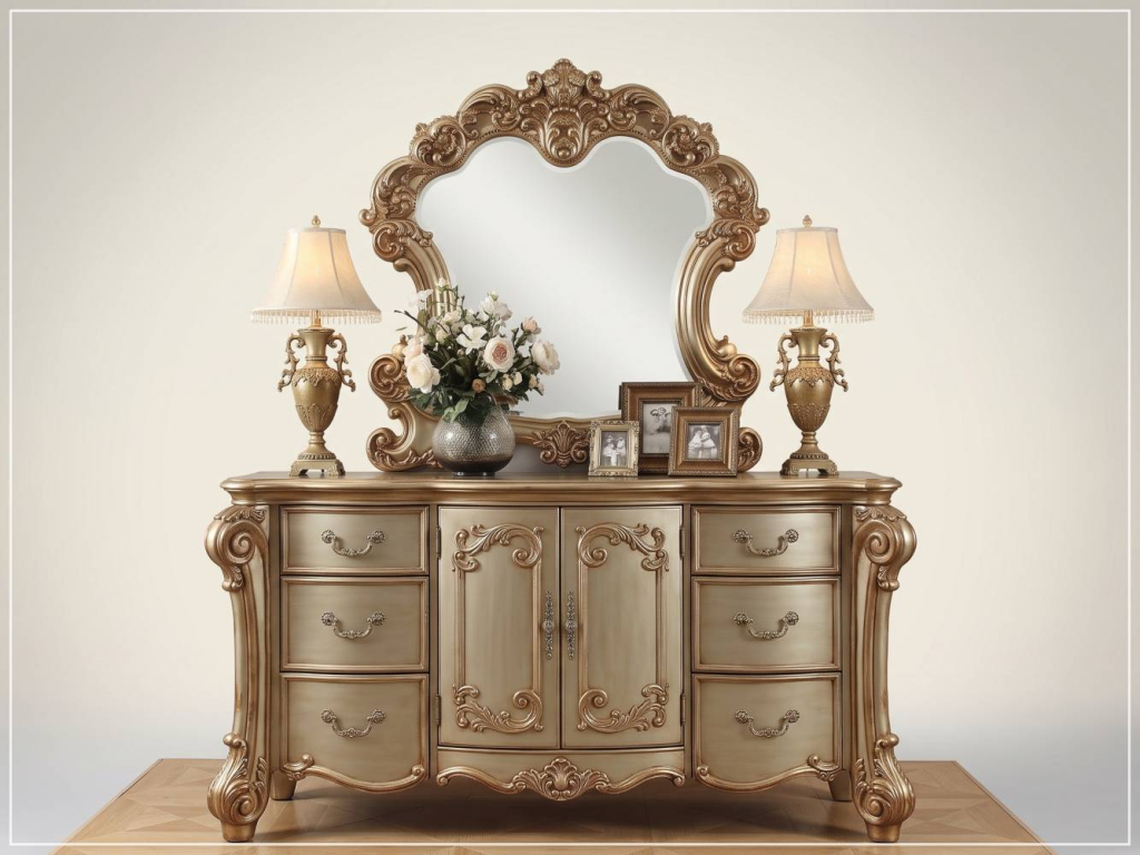 Meja Rias Kamar Set Mewah Klasik Gold Duco Champagne Vendome