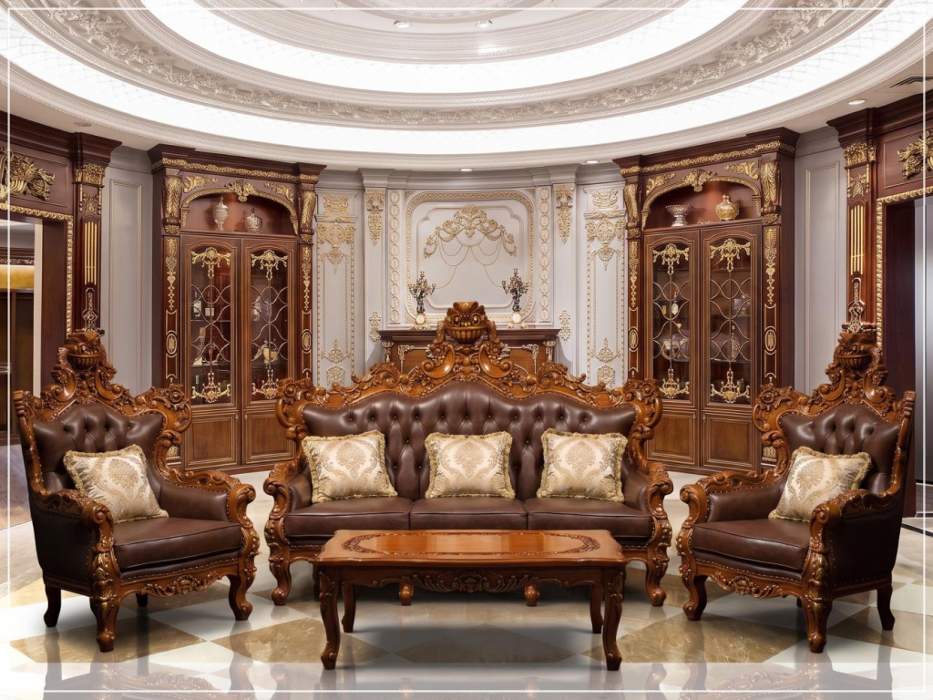 Sofa Kayu Jati Kulit Mewah Livingroom Klasik Royal Jepara
