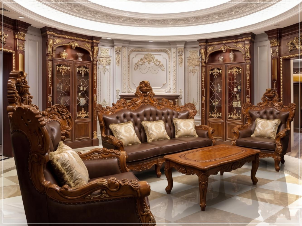 Sofa Tamu Kayu Jati Kursi Kulit Mewah Klasik Royal Jepara