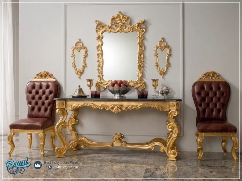 Meja Konsol Classic Gold 2 Kursi Sofa Kulit Sandaran Chesterfield