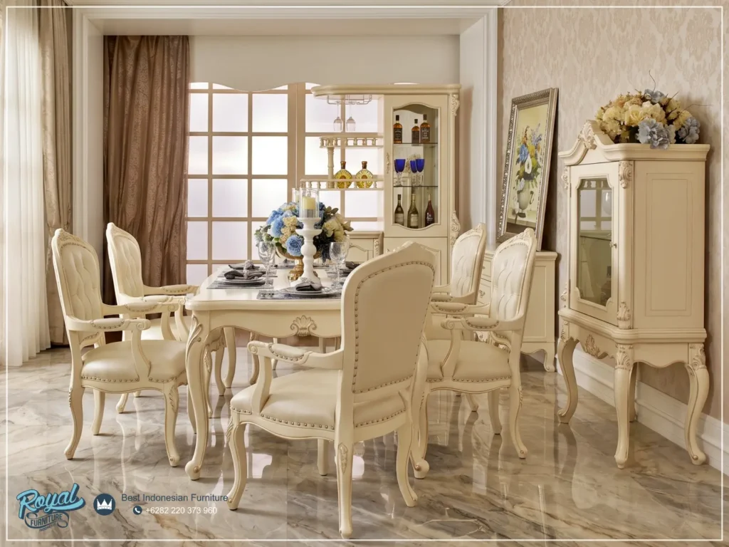 Set Meja Makan Mewah Modern Putih Duco Beautifull Terbaru Kulit Asli